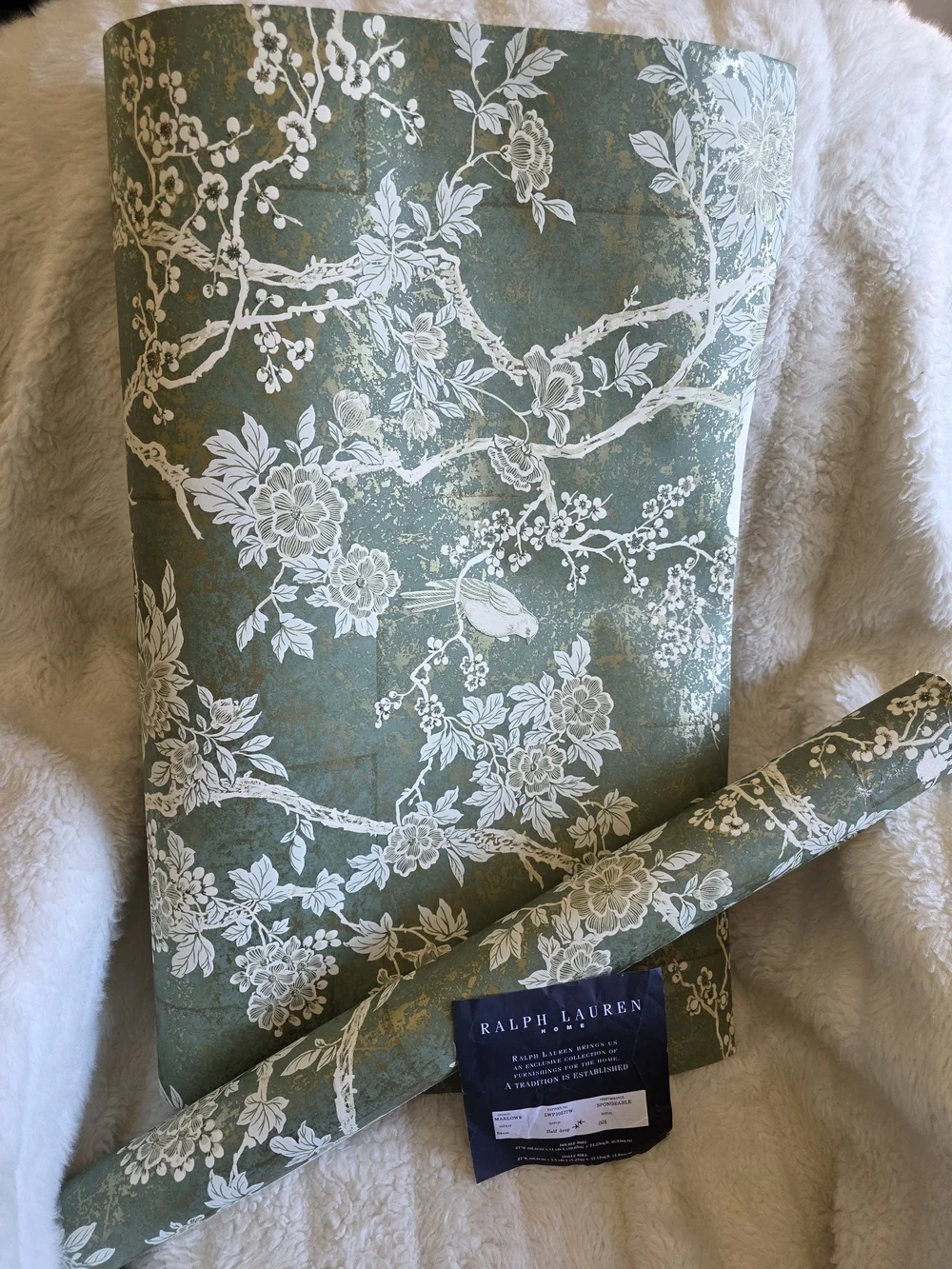Ralph Lauren Marlowe Teal, White and Gold Floral Bird 2 Rolls 11yd Wallpaper